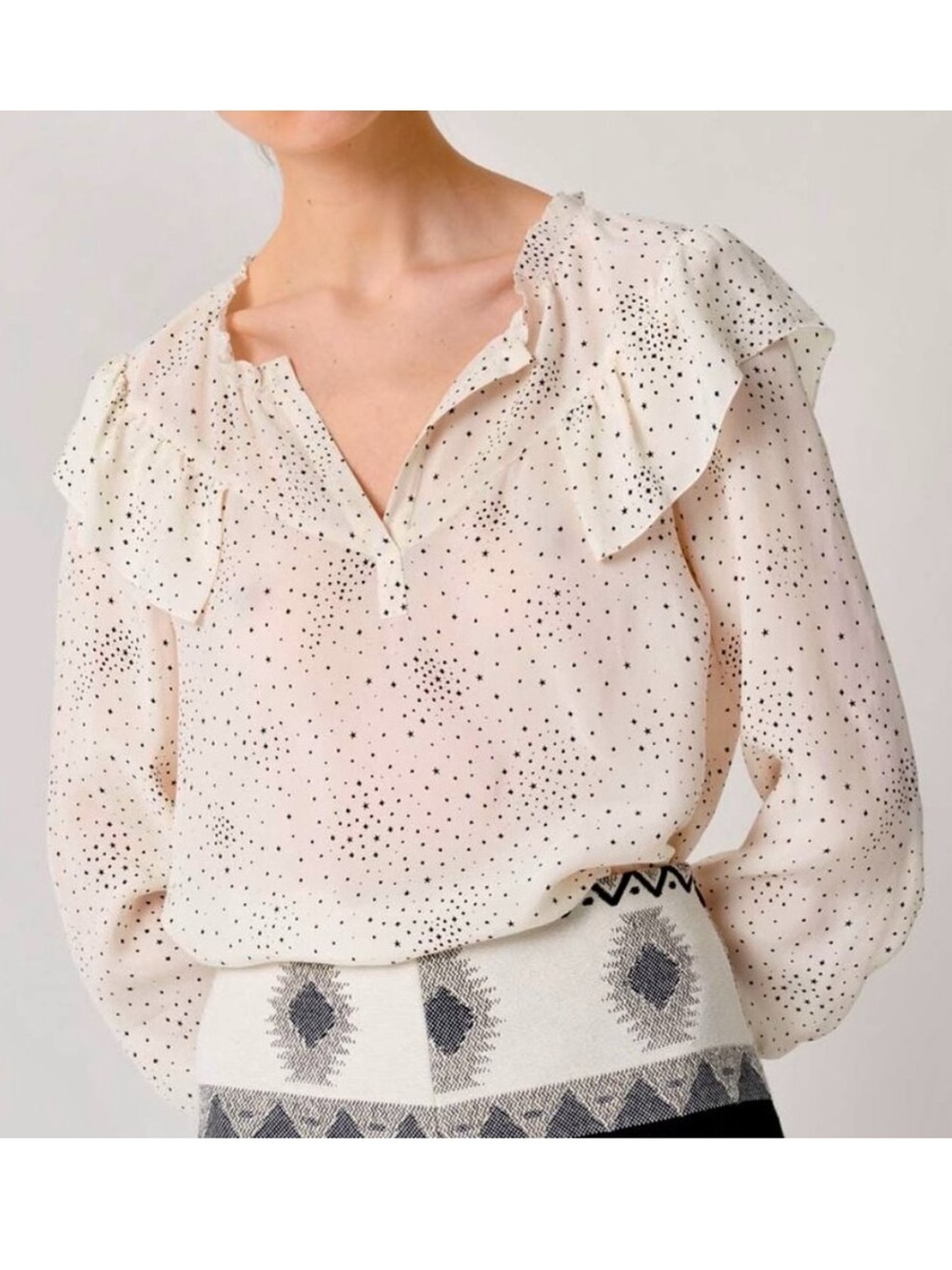 Maje Star Print Ruffled Blouse Women's Size 2 Long Poet Sleeves Split V Neckline